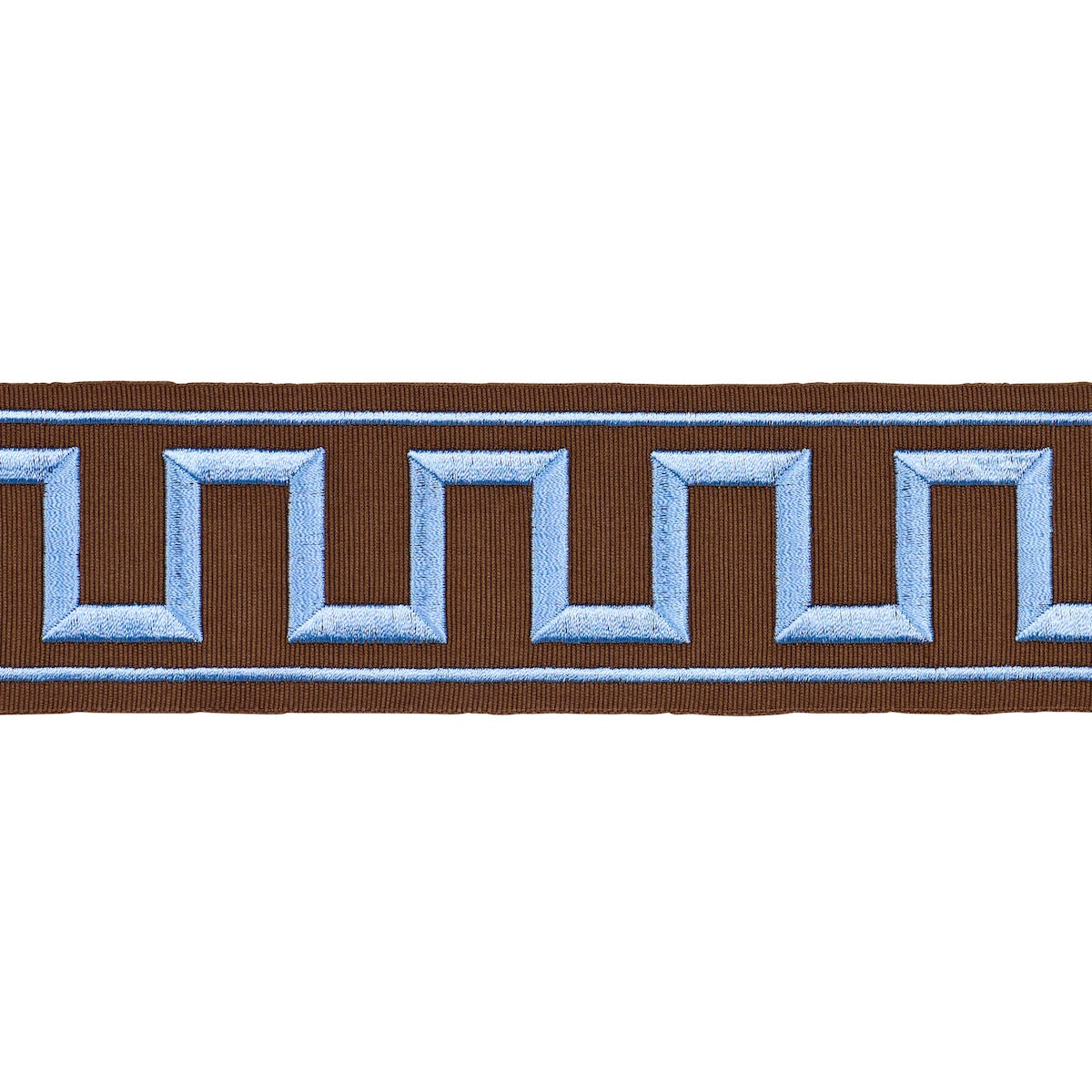 GREEK KEY EMBROIDERED TAPE | BLUE ON BROWN