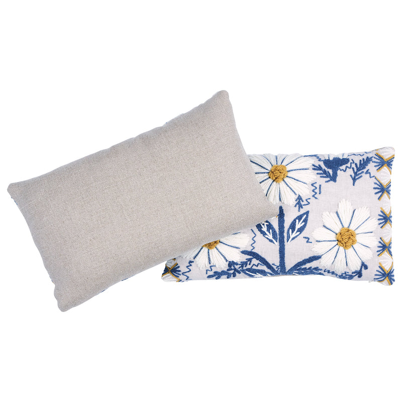 Marguerite Embroidery Pillow A | Blue & Ochre