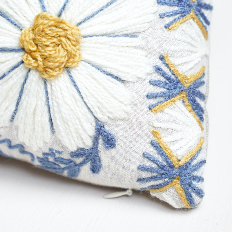 Marguerite Embroidery Pillow A | Blue & Ochre