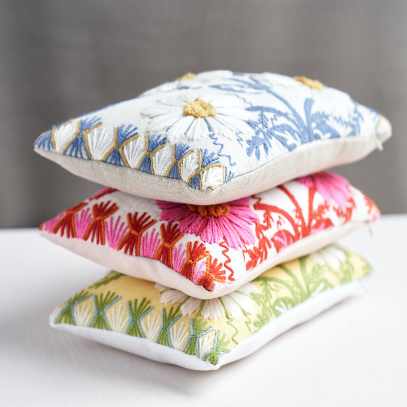 Marguerite Embroidery Pillow A | Blue & Ochre