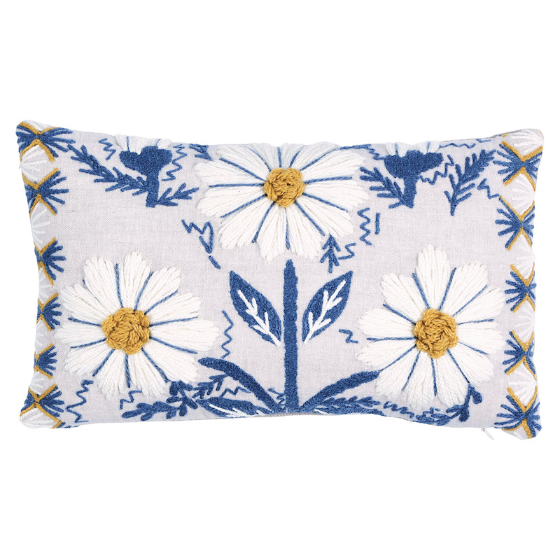 Marguerite Embroidery Pillow A | Blue & Ochre