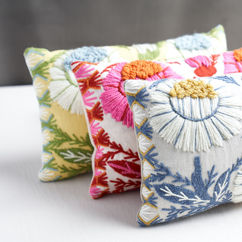 Marguerite Embroidery Pillow B | Blue & Ochre