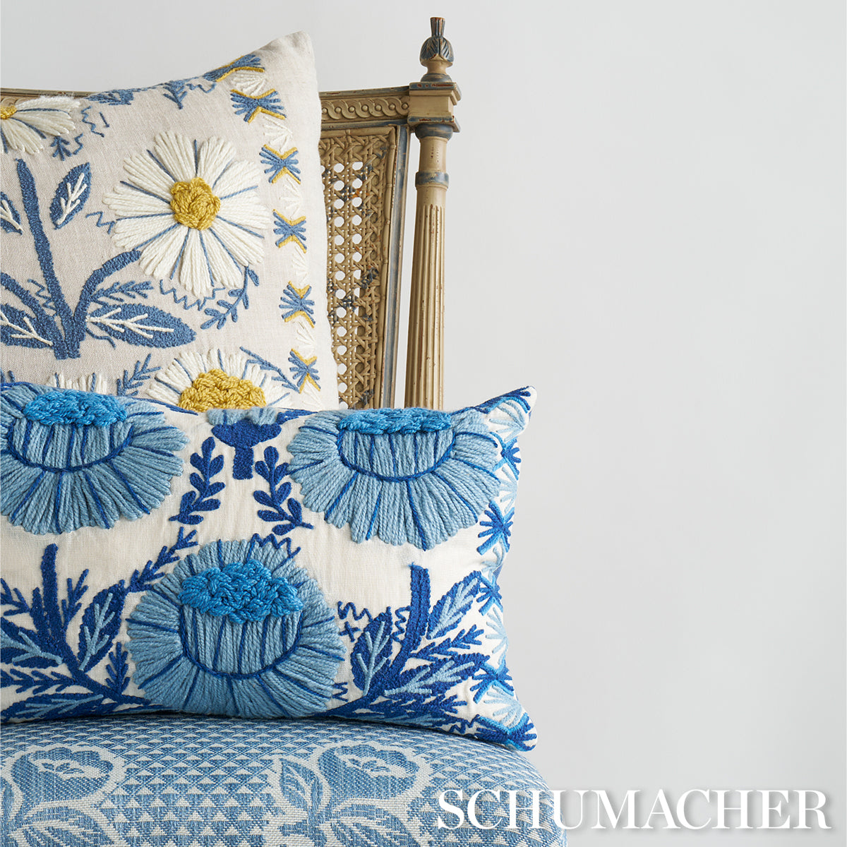 Marguerite Embroidery Pillow | Blue & Ochre