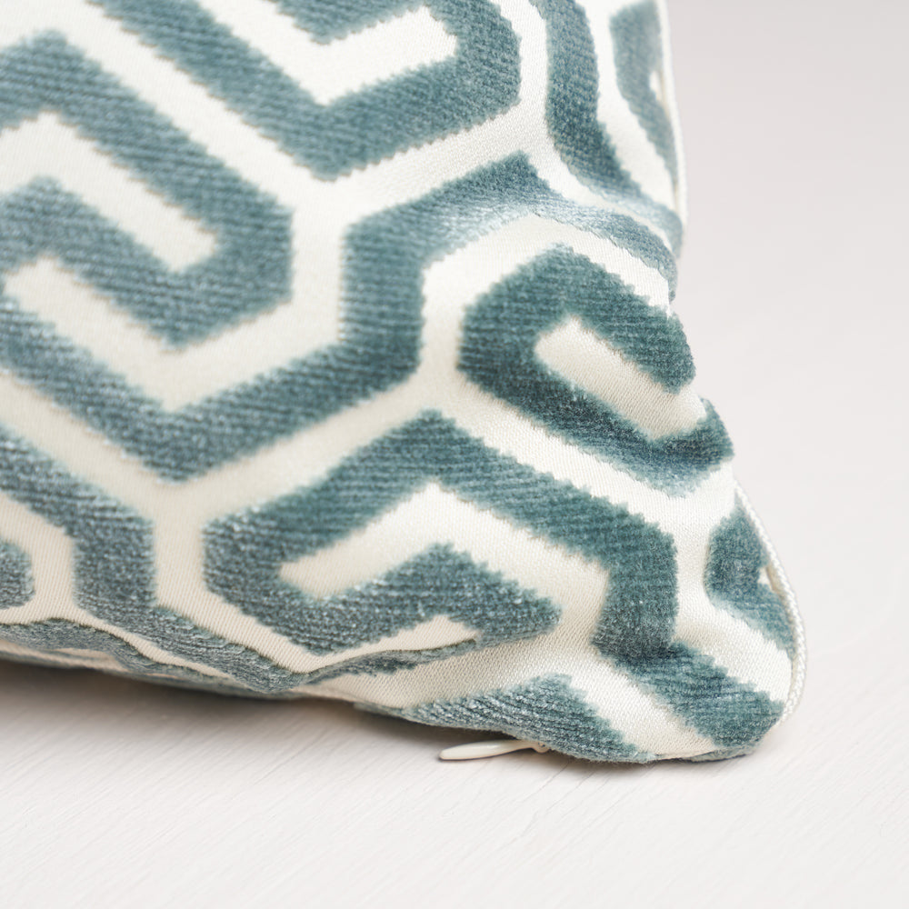 Ming Fret Velvet Pillow | Mineral & White