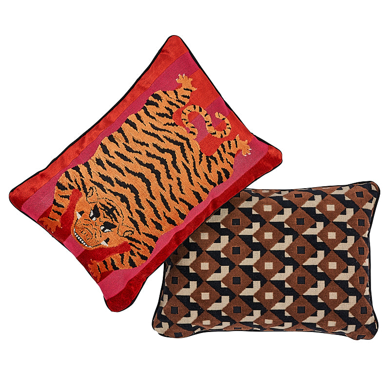 Jokhang Tiger Velvet Pillow | Red & Pink