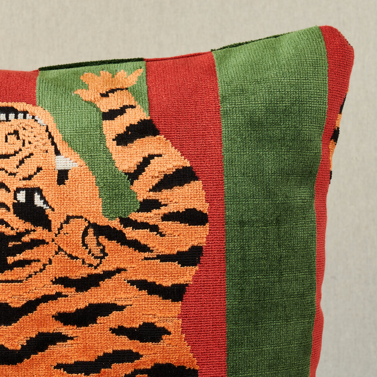 Jokhang Tiger Velvet Pillow | Red & Green