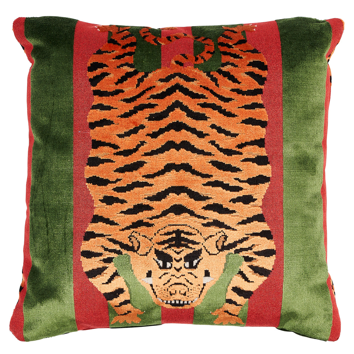 Jokhang Tiger Velvet Pillow | Red & Green