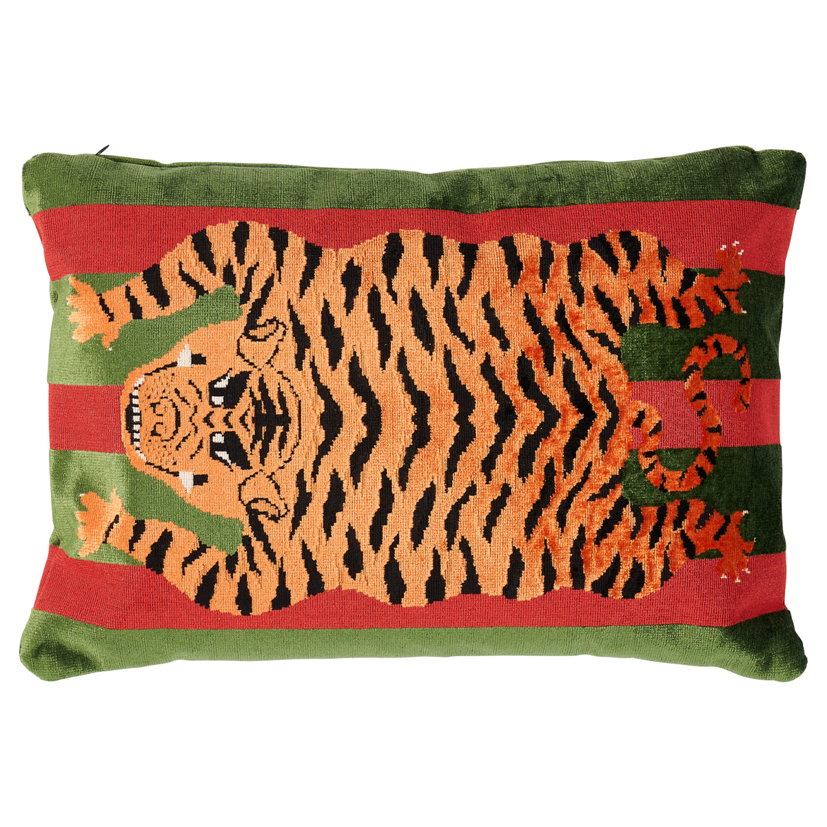 Jokhang Tiger Velvet Pillow | Red & Green